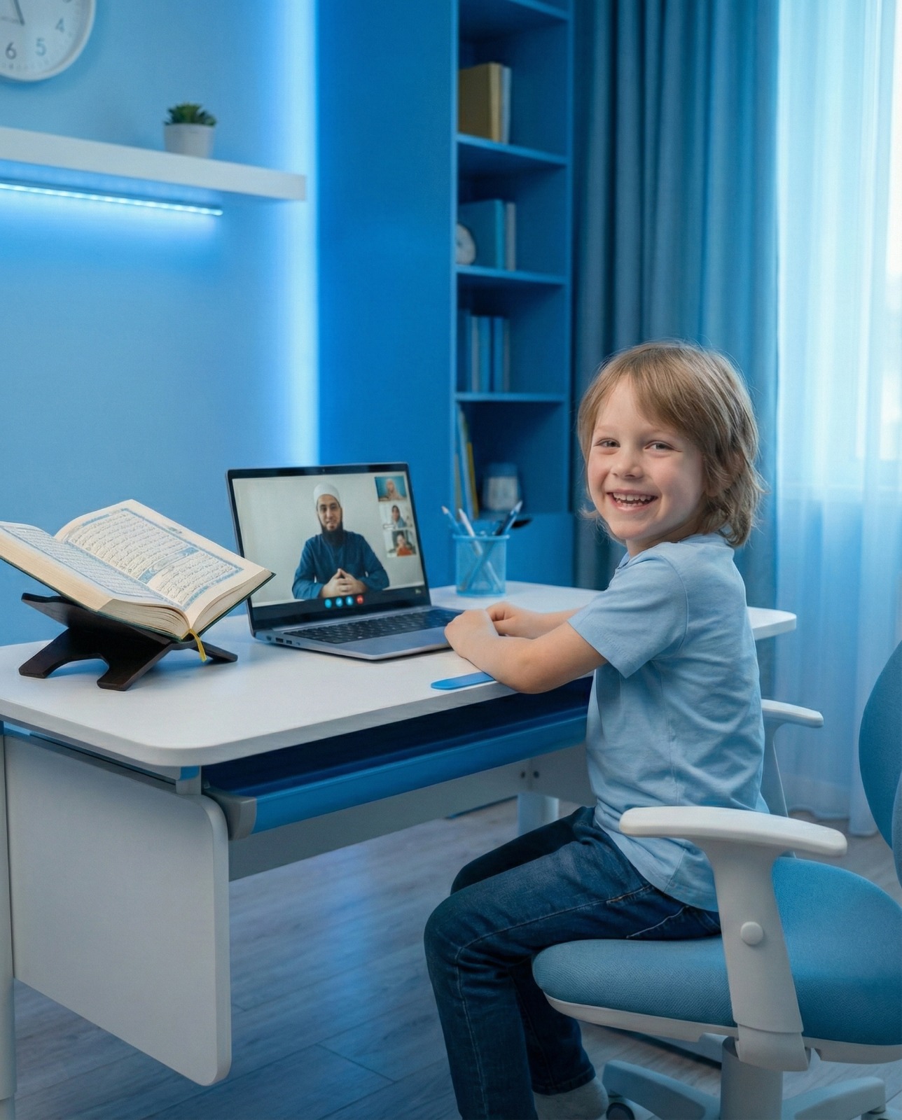 Online Quran class teacher guiding a student during recitation